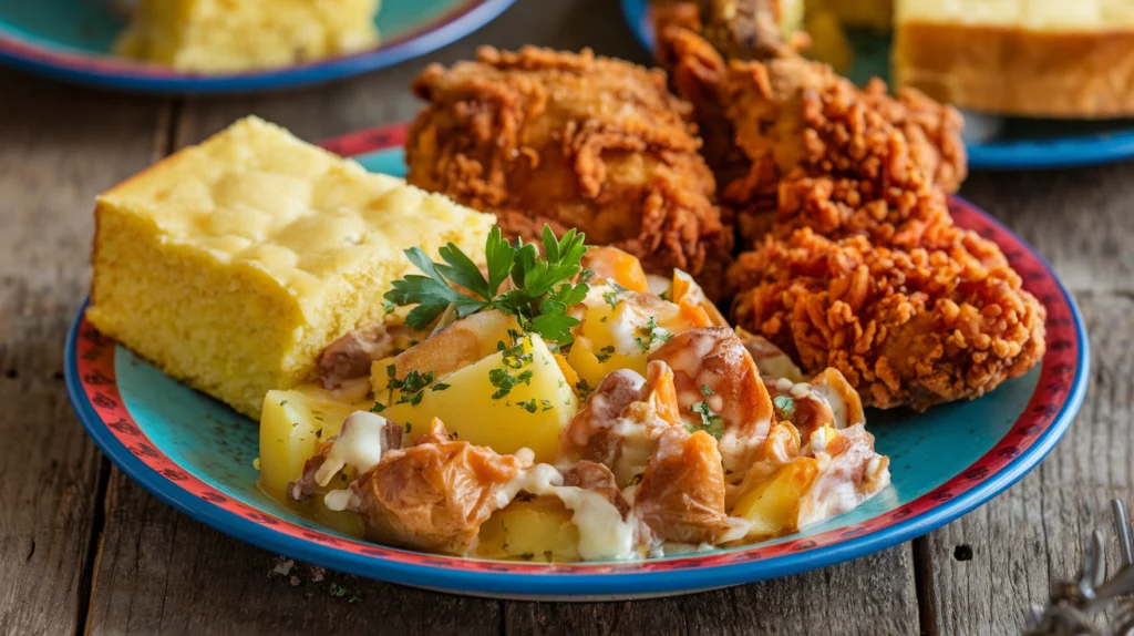 A vibrant plate of smothered potatoes garnished with parsley, served alongside crispy fried chicken and golden cornbread on a rustic wooden table.