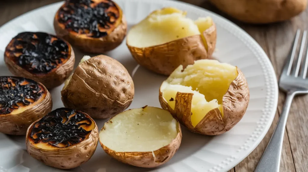 The comparison between burnt or overcooked and perfectly golden and tender on a plate.