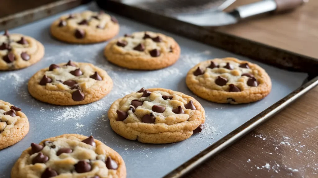 Freshly baked Crisco chocolate chip cookies on a tray, showcasing their soft texture and golden-brown color