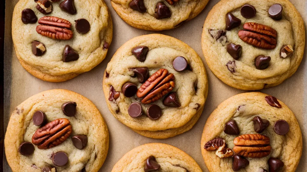 A close-up of freshly baked pecan chocolate chip cookies with golden edges and melted chocolate chips