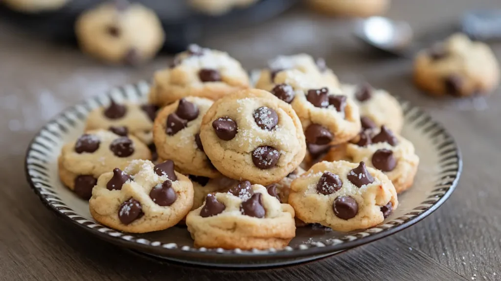 A plate of mini chocolate chip cookies, showcasing their golden-brown texture and bite-sized perfection.