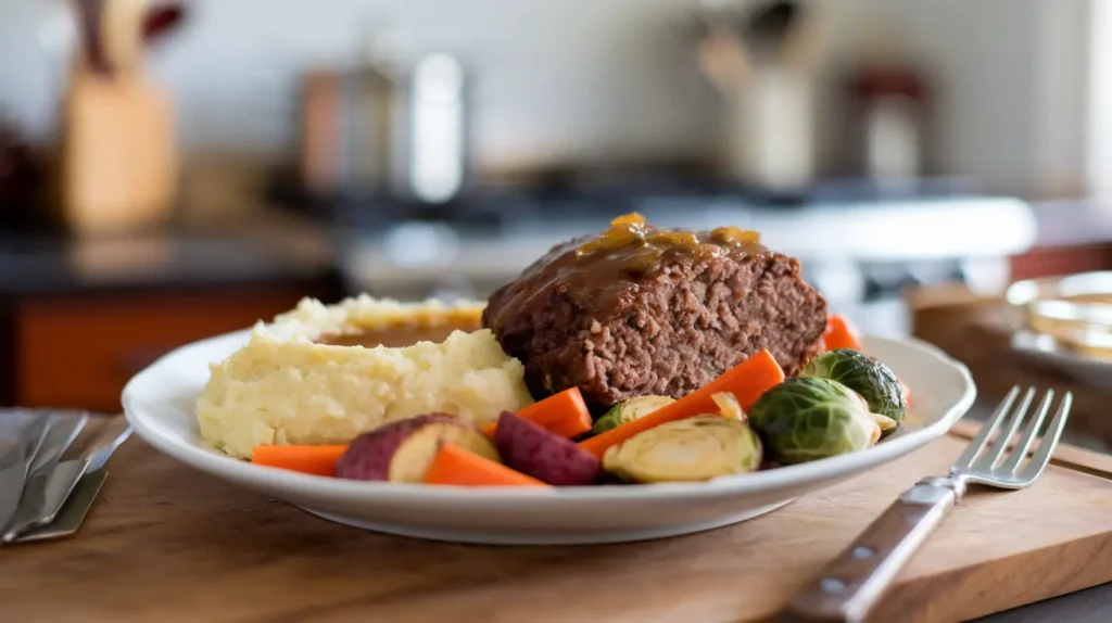 A delicious stove top meatloaf served on a plate with mashed potatoes and roasted vegetables.

