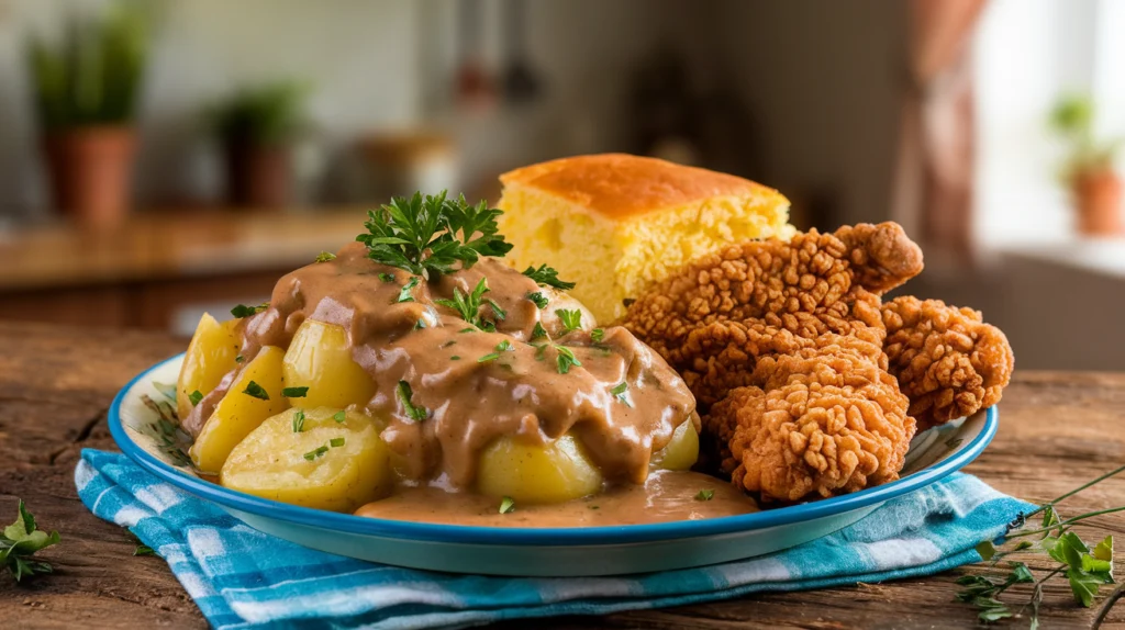 A homestyle plate of smothered potatoes garnished with parsley, paired with crispy fried chicken and fluffy cornbread, served on a rustic wooden table.