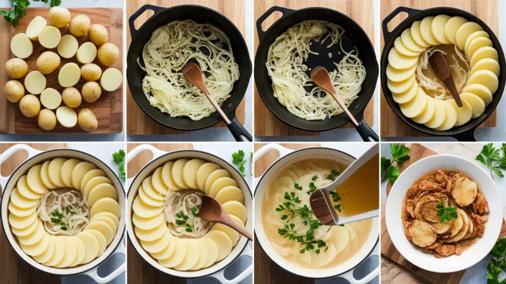 A series of images showing peeled and sliced potatoes, onions sautéing in a skillet, potatoes layered with broth being added, and the final smothered potatoes dish garnished with parsley.