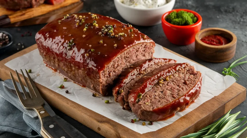 BBQ Meatloaf Recipe: A savory and smoky meatloaf topped with barbecue sauce glaze, served on a wooden cutting board.