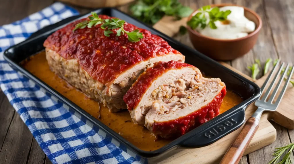 A freshly baked chicken meatloaf sliced on a wooden board, topped with a golden glaze, and garnished with fresh parsley.