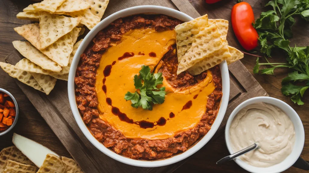 A bowl of chili cheese dip recipe featuring creamy cheese, bold chili flavors, and jalapeños, served with tortilla chips – perfect for any occasion.

