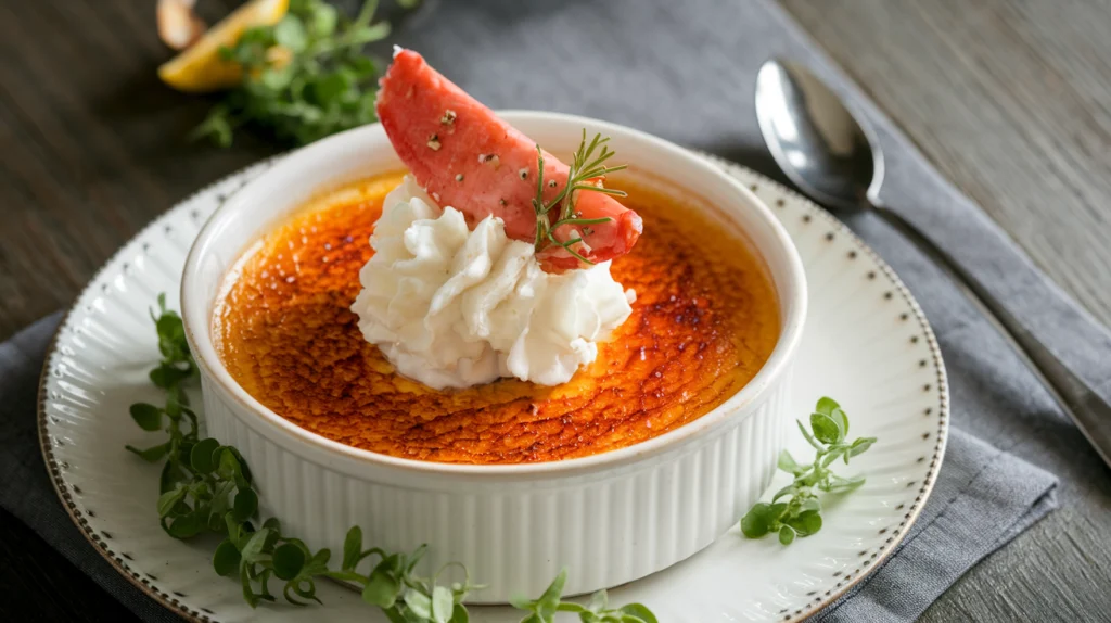 Savory crème brûlée, crab custard recipe, elegant seafood appetizer, savory brûlée recipe, dinner party appetizer.