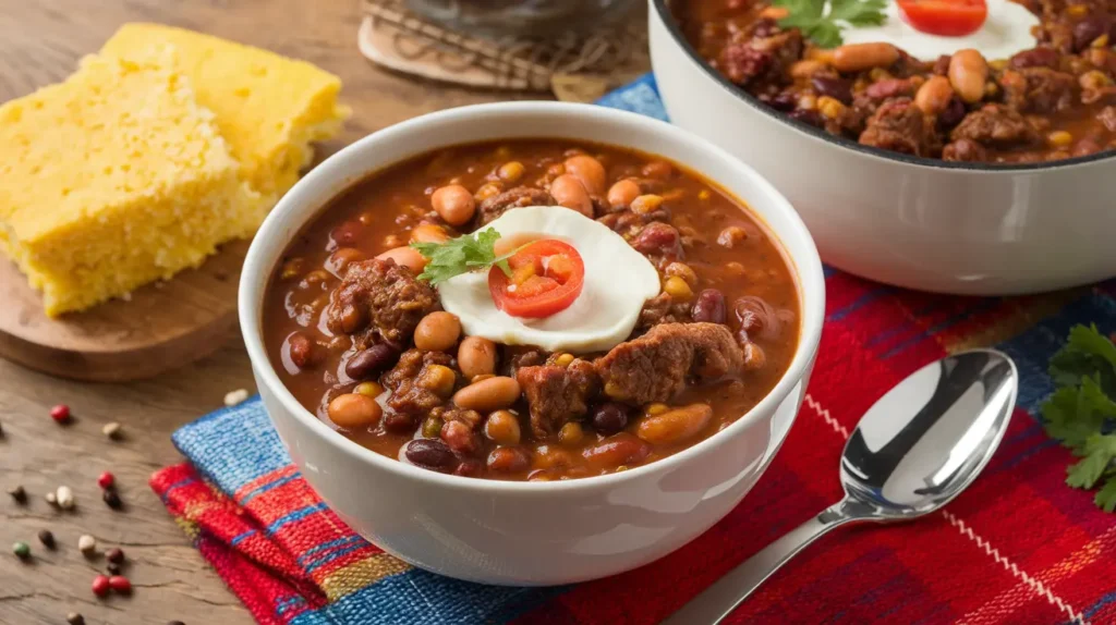 A delicious bowl of cowboy chili with beef, beans, and spices, served with cornbread.