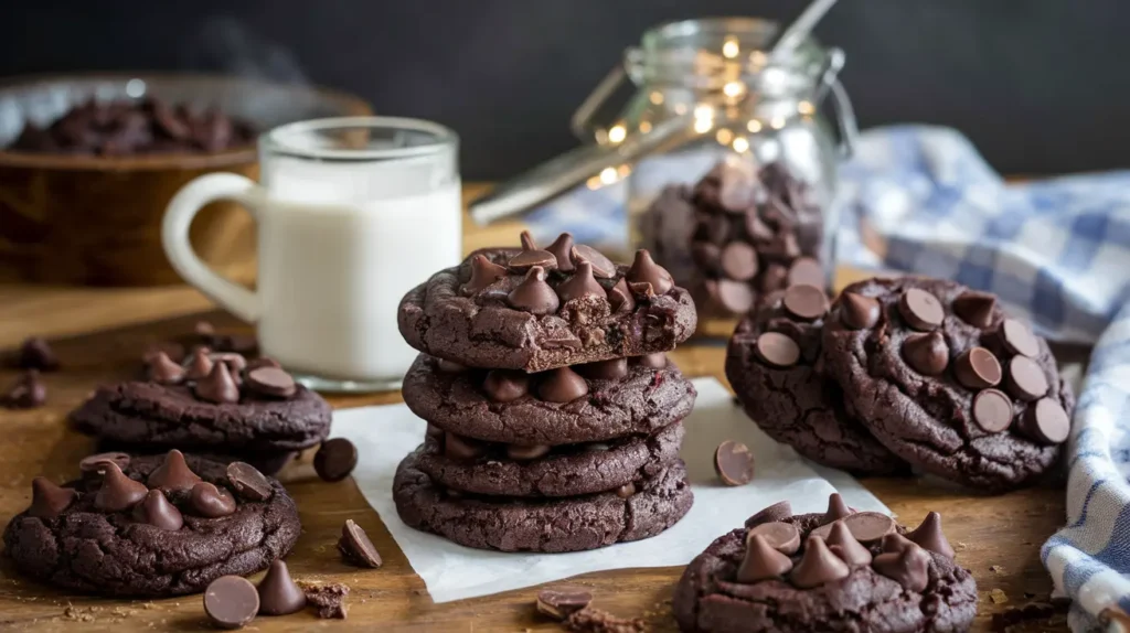 Freshly baked Dark Chocolate Chip Cookies featuring rich dark chocolate chunks, perfect for a guide on dark chocolate chip cookies.


