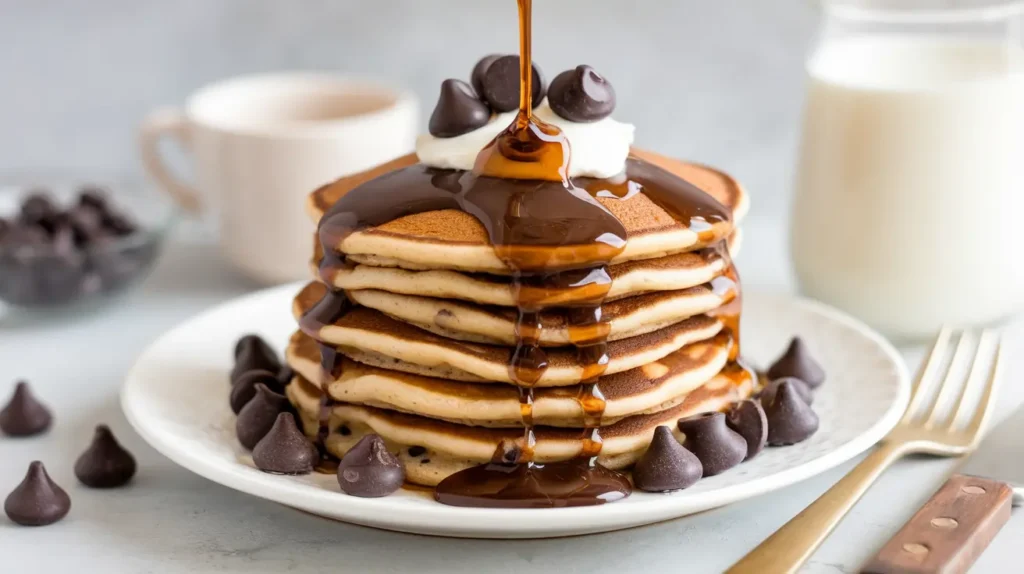 Make this chocolate chip pancake recipe for a sweet, fluffy breakfast treat. Perfect for brunch or any morning meal with melted chocolate!