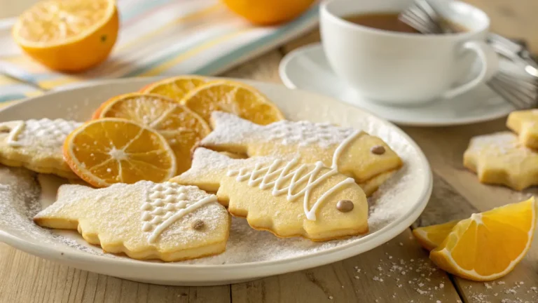 A close-up shot of a plate filled with golden, fish-shaped cookies with a slightly crisp texture and a soft, buttery interior. The cookies have a light dusting of powdered sugar, and some are decorated with a thin drizzle of white icing. Fresh orange slices and vibrant orange zest are scattered around the plate, enhancing the citrus theme. The background is a warm, rustic wooden surface with soft, natural lighting that highlights the cookies' delicate texture. A small cup of tea or a glass of milk sits nearby, completing the cozy and inviting atmosphere.