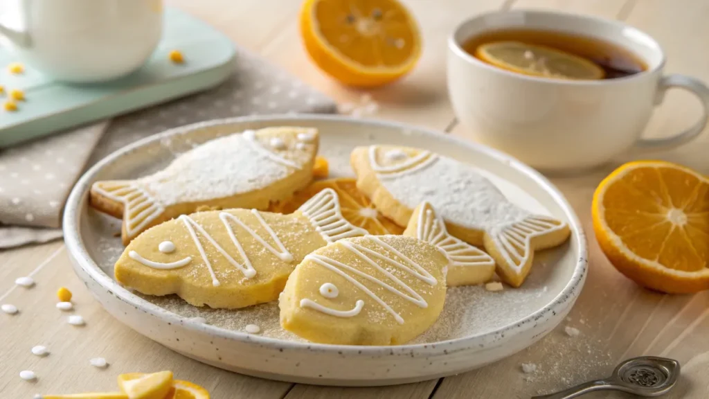 A close-up shot of a plate filled with golden, fish-shaped cookies with a slightly crisp texture and a soft, buttery interior. The cookies have a light dusting of powdered sugar, and some are decorated with a thin drizzle of white icing. Fresh orange slices and vibrant orange zest are scattered around the plate, enhancing the citrus theme. The background is a warm, rustic wooden surface with soft, natural lighting that highlights the cookies' delicate texture. A small cup of tea or a glass of milk sits nearby, completing the cozy and inviting atmosphere.