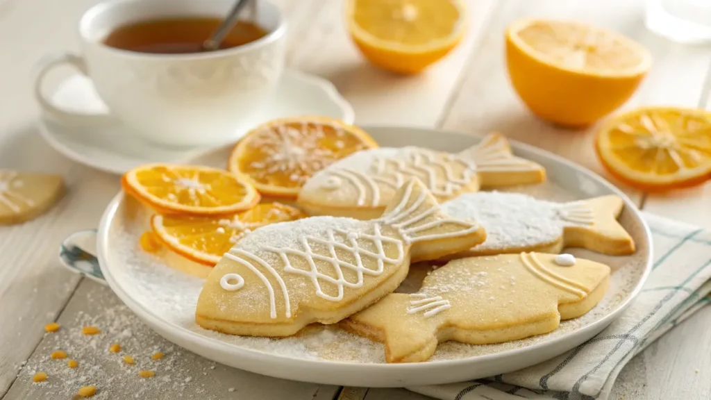 A close-up shot of a plate filled with golden, fish-shaped cookies with a slightly crisp texture and a soft, buttery interior. The cookies have a light dusting of powdered sugar, and some are decorated with a thin drizzle of white icing. Fresh orange slices and vibrant orange zest are scattered around the plate, enhancing the citrus theme. The background is a warm, rustic wooden surface with soft, natural lighting that highlights the cookies' delicate texture. A small cup of tea or a glass of milk sits nearby, completing the cozy and inviting atmosphere.