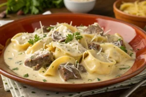 cheesesteak tortellini in rich provolone sauce