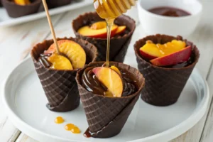 chocolate cones with honey and peaches