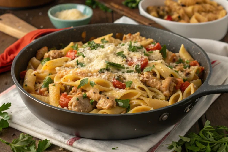 one-skillet cheesy ground chicken pasta recipe​