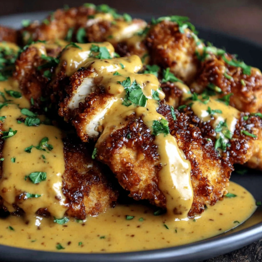 Pretzel Chicken with Mustard-Cheddar Sauce