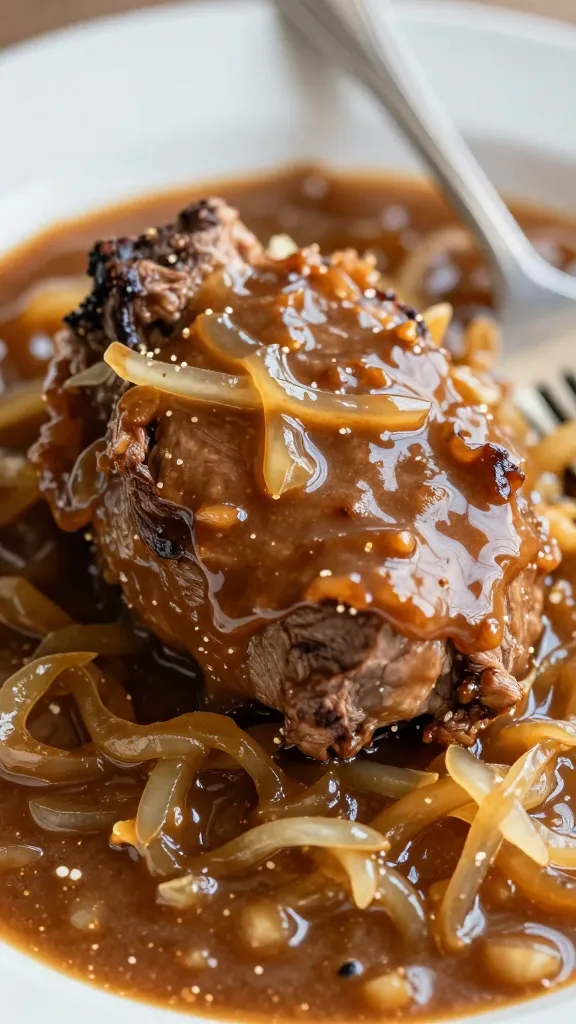**Closeup of fork-tender pot roast in caramelized onion gravy**