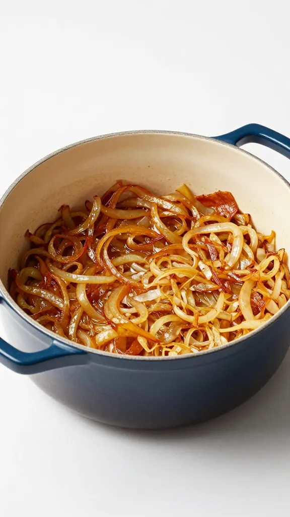 **Single Dutch oven with deep golden caramelized onions**