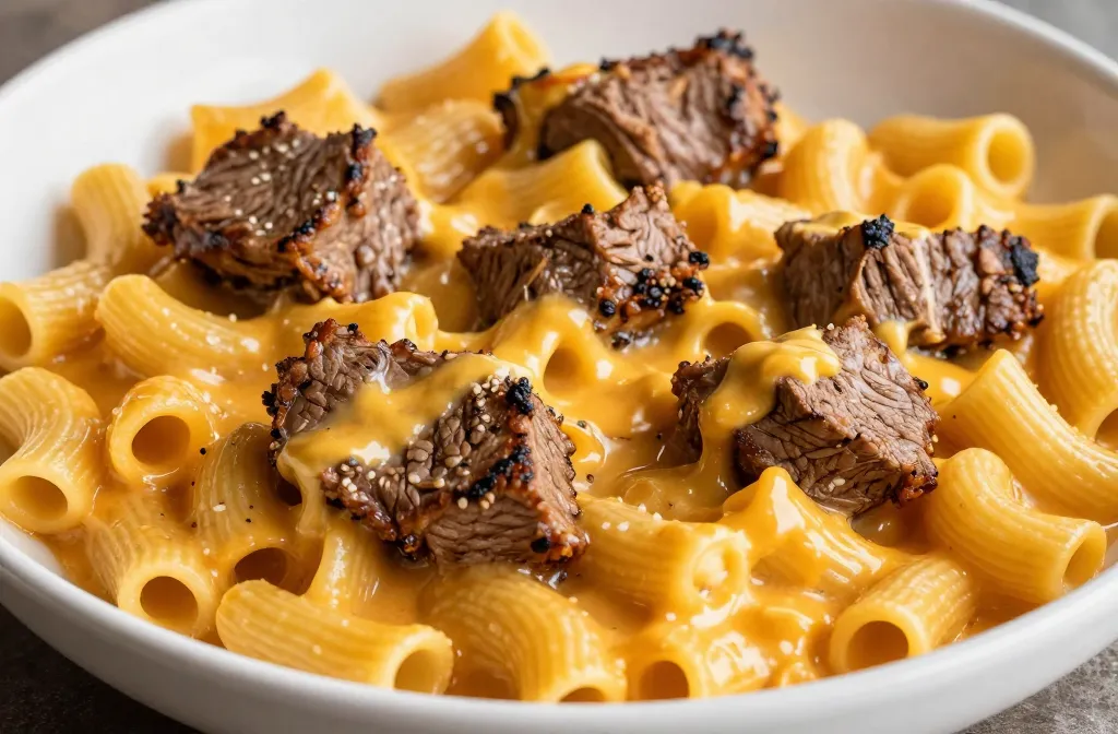 Cajun Steak Tips in Cheesy Rigatoni Parmesan Sauce