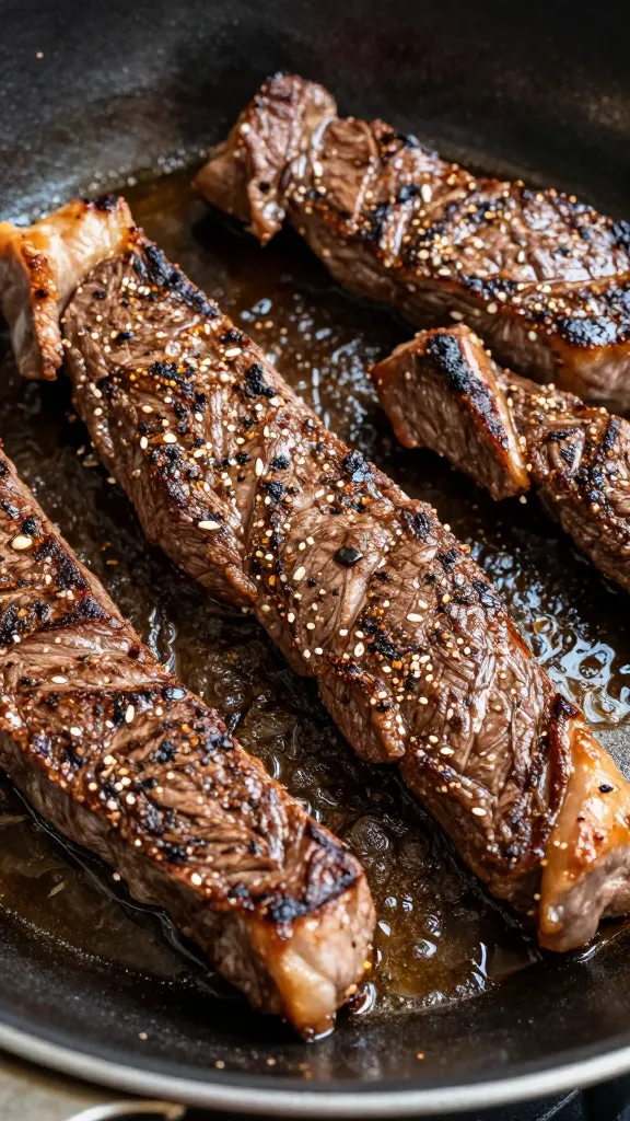 **Closeup of Cajun-seasoned steak tips sizzling in skillet**