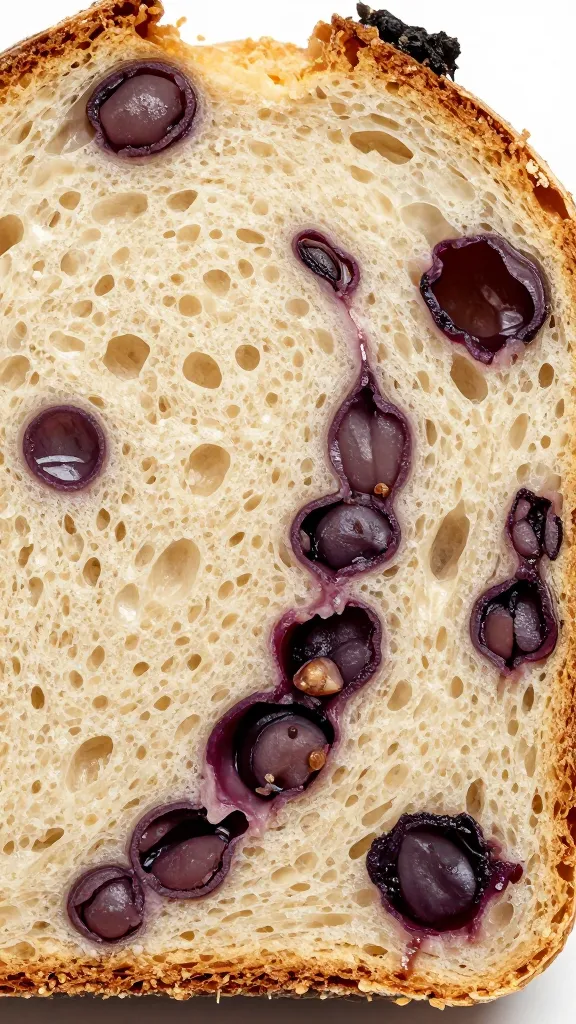 closeup slice of sourdough blueberry swirl loaf crumb