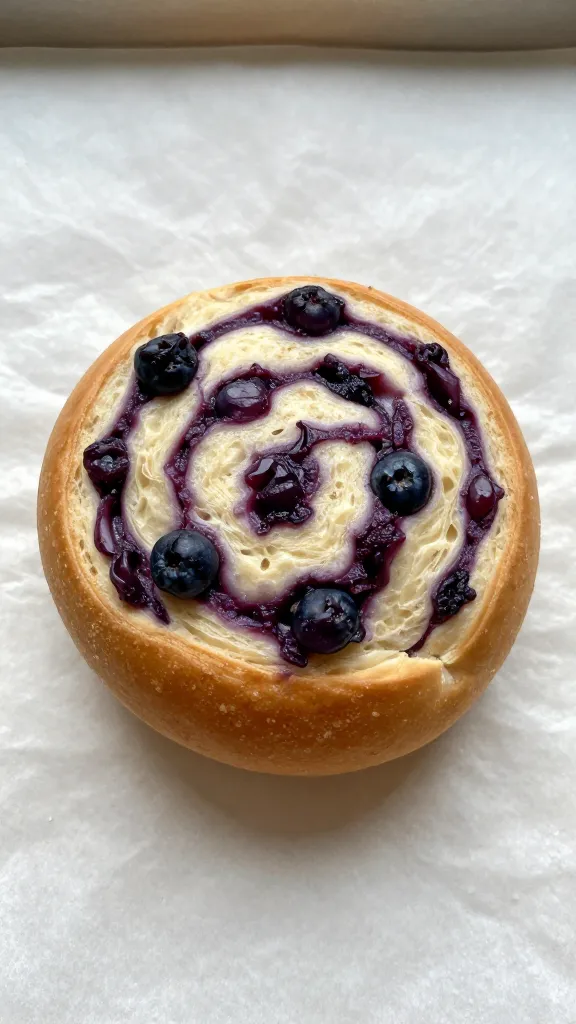 single sourdough blueberry swirl roll on parchment
