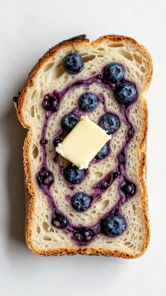 overhead slice of toasted blueberry swirl sourdough with butter