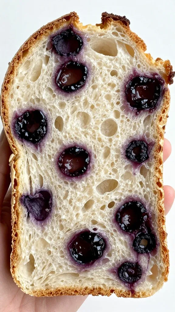 closeup of blueberry sourdough slice showing jammy crumb