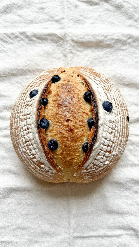 single boule of blueberry sourdough on floured linen