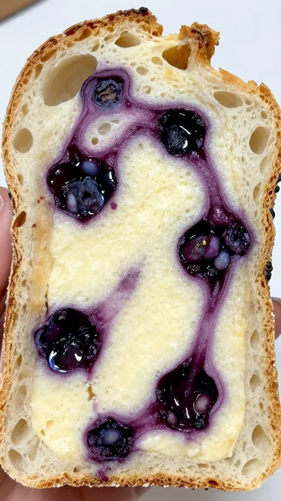 Closeup slice of blueberry cheesecake sourdough, visible swirl