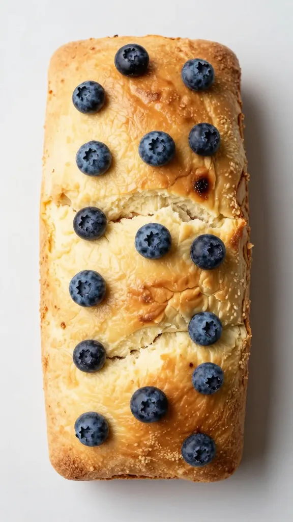 Overhead of single loaf, thick cheesecake pockets and blueberries