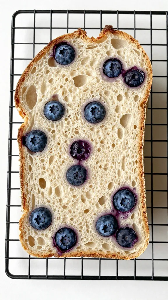 Thick sourdough slice with burst blueberries on cooling rack