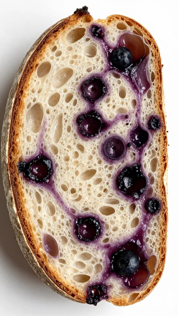 closeup blueberry sourdough boule, bold swirl crumb