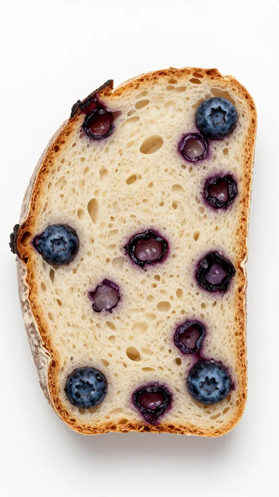 single slice blueberry sourdough, juicy berries, tangy crumb