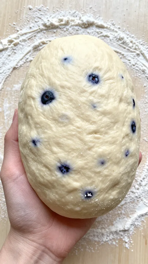 blueberry-studded sourdough dough during fold, floured hands