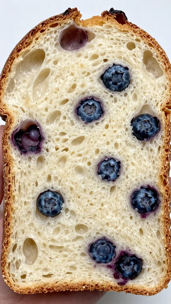 Closeup slice of sourdough discard blueberry quick bread