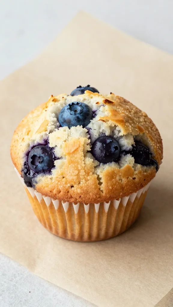 Single blueberry sourdough muffin on parchment, crumb visible