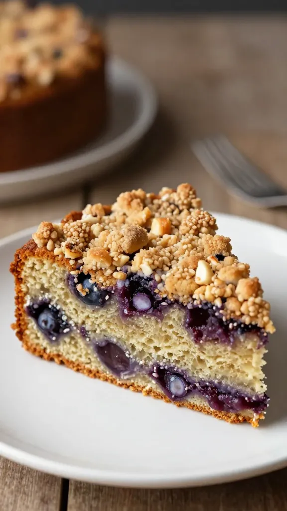 Slice of sourdough blueberry coffee cake with streusel topping