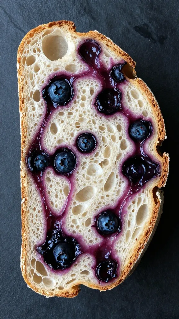 Overhead shot of one sourdough slice with oozing blueberry swirl