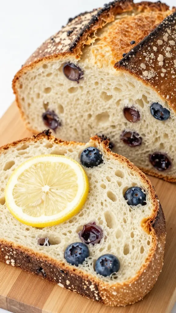 closeup slice of sourdough lemon blueberry bread on board