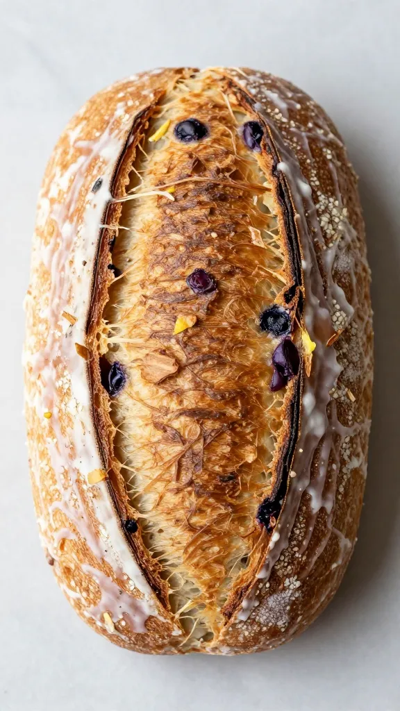 single loaf of lemon blueberry sourdough discard bread, glazed