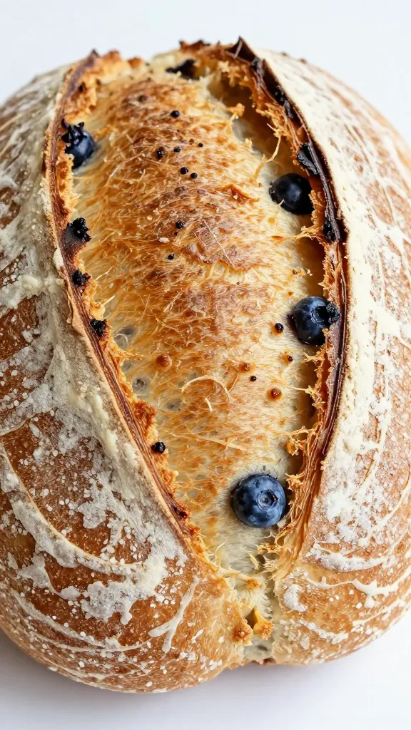 closeup crust of lemon blueberry sourdough boule, crackly scored